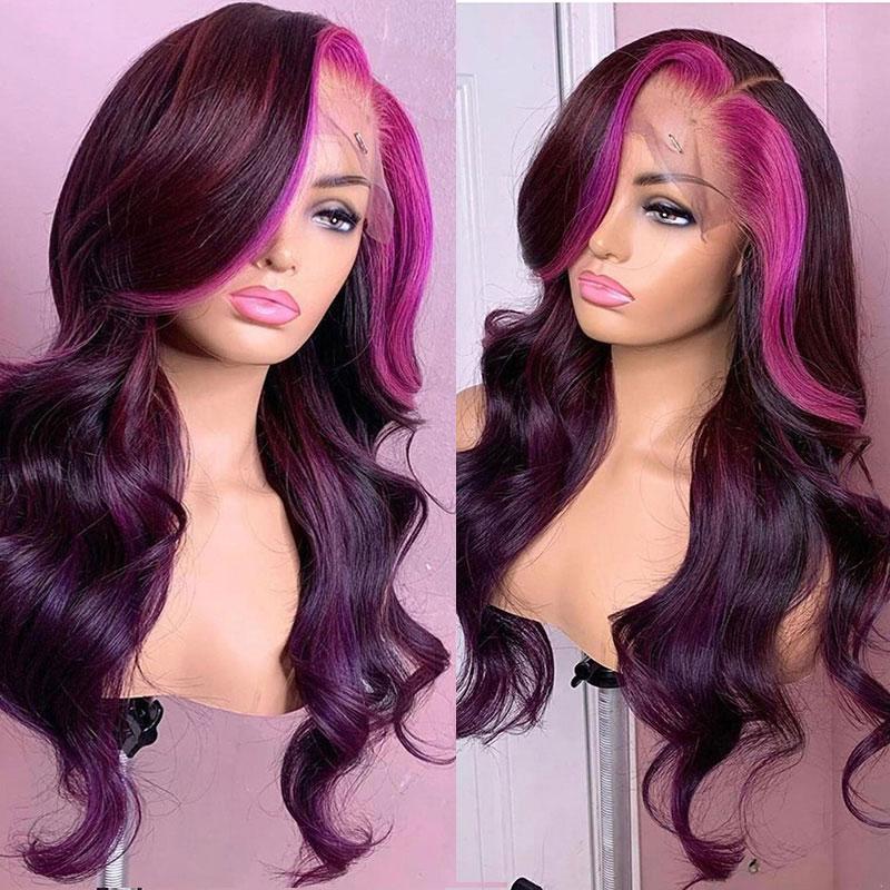 13x4 Lace Frontal Glueless Dark Plum Skunk Stripe Straight Wig - Wild Shuga