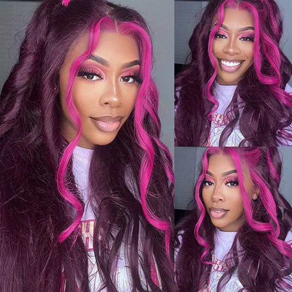 13x4 Lace Frontal Glueless Dark Plum Skunk Stripe Straight Wig - Wild Shuga