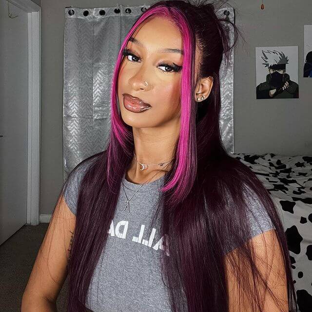 13x4 Lace Frontal Glueless Dark Plum Skunk Stripe Straight Wig - Wild Shuga